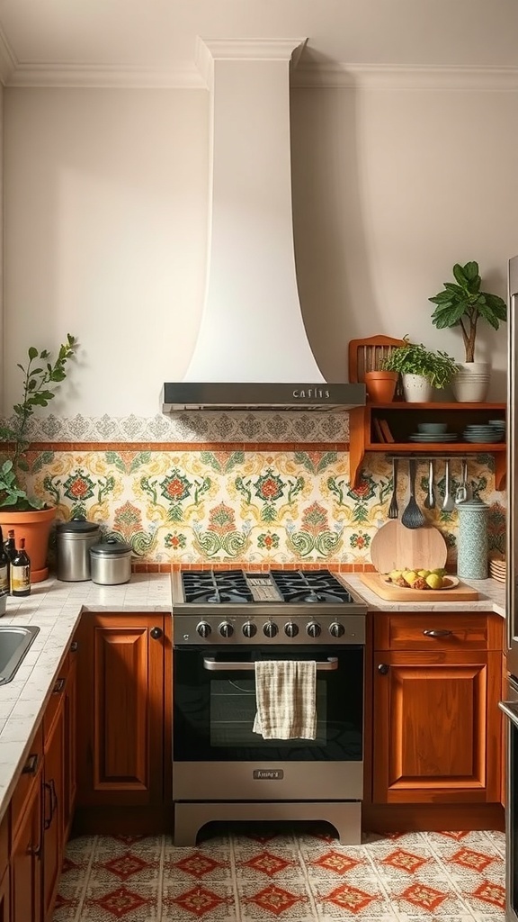 A kitchen featuring hand-painted terracotta tiles as a backsplash, with wooden cabinets and modern appliances.