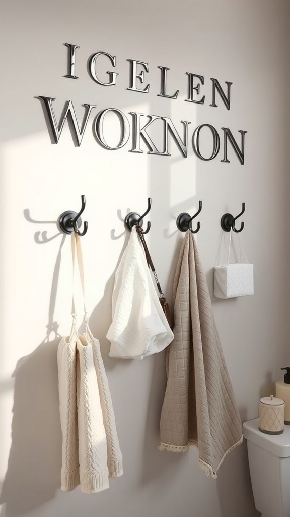 Decorative wall hooks in a bathroom with towels and bags hanging