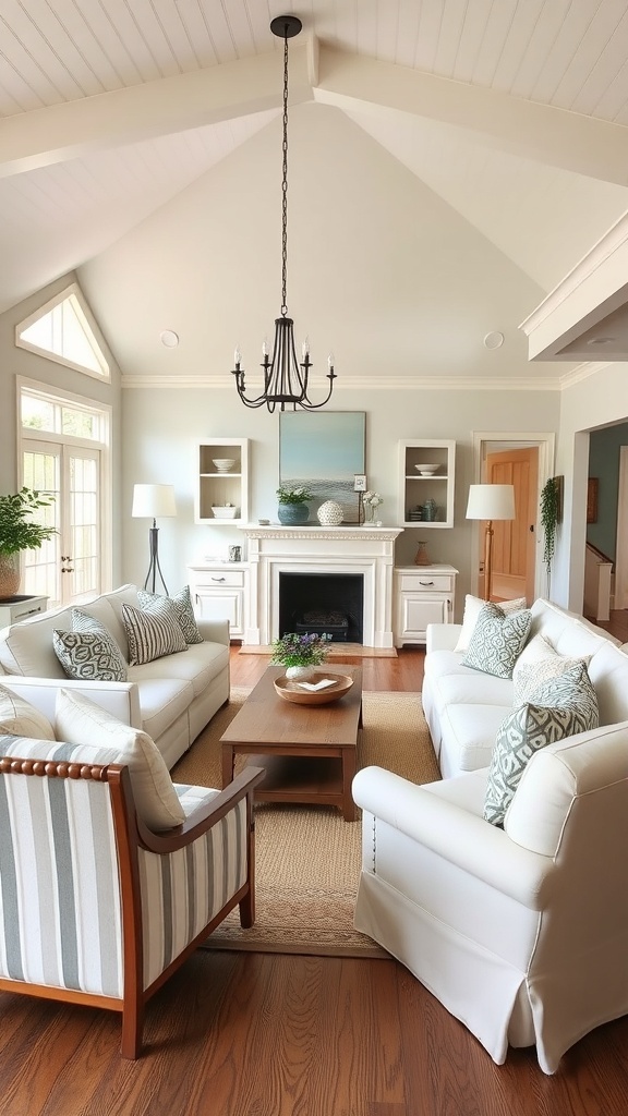 Coastal farmhouse living room with white sofas, striped armchair, and natural light.