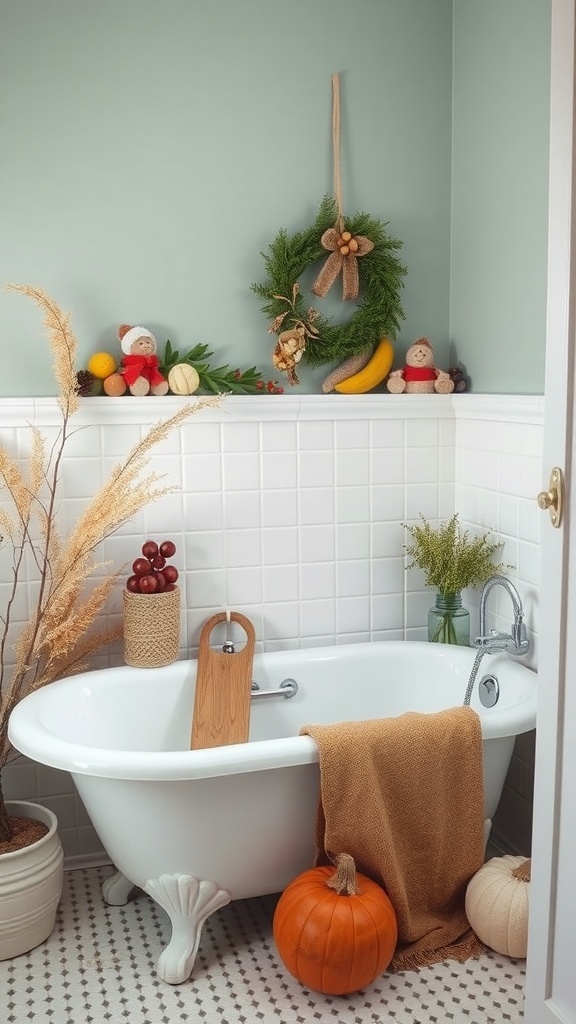 A cozy bathroom tub decorated for autumn with a wreath, pumpkins, and a warm throw.