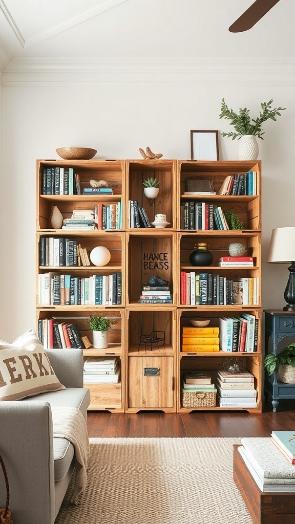 A stylish upcycled crate bookshelf filled with books and decorative items in a cozy living room.
