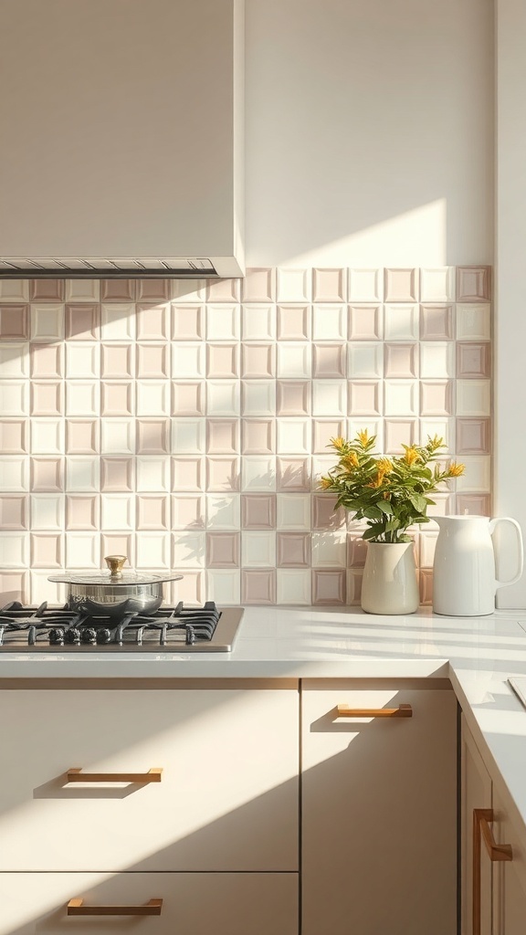 A kitchen featuring soft pastel glass tiles as a backsplash, with a gas stove and a vase of flowers.