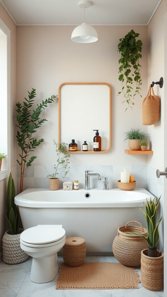 A serene bathroom with natural decor elements, including plants and woven baskets.