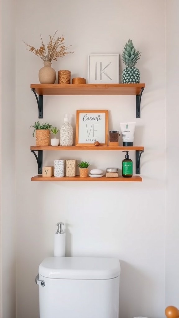 Decorative wall-mounted shelves in a bathroom with plants, vases, and toiletries.