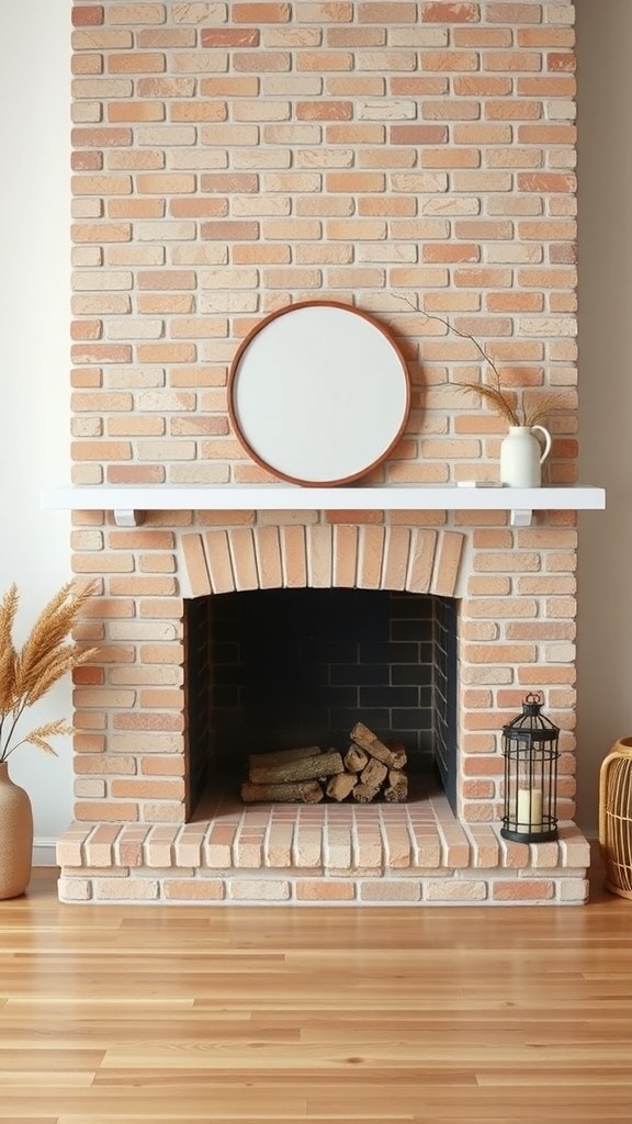 A minimalist Scandinavian-style brick fireplace with a white mantel, round mirror, and natural decor elements.