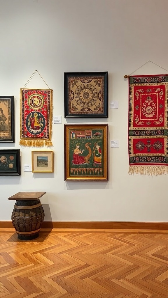 A gallery wall featuring cultural heritage artworks and textiles, showcasing vibrant colors and intricate designs.
