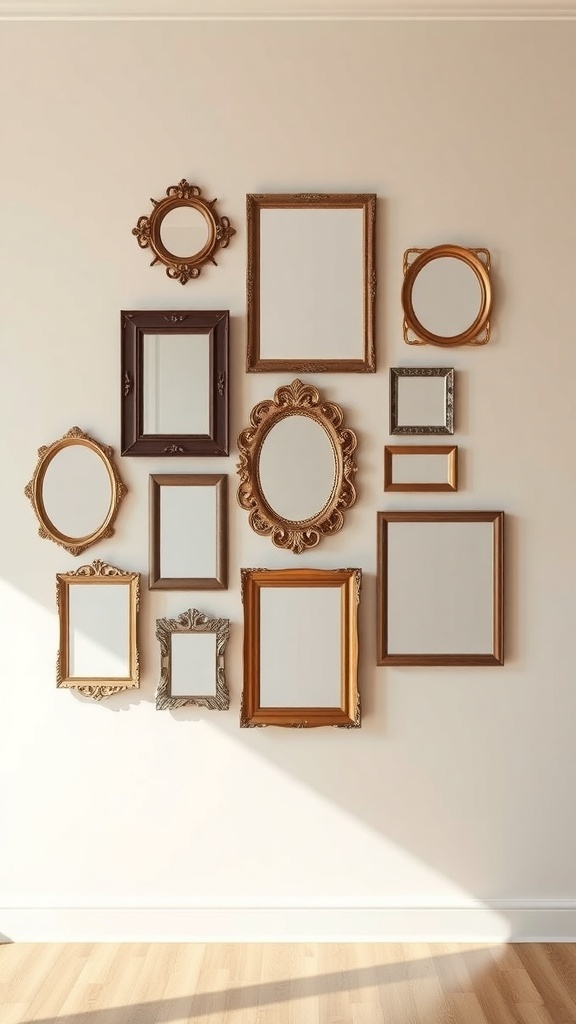 A collection of decorative mirror frames in various shapes and sizes on a wall.