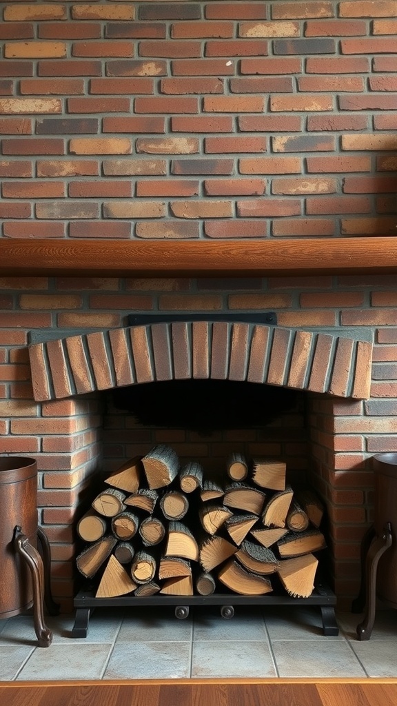 A brick fireplace with neatly stacked firewood in a metal holder.
