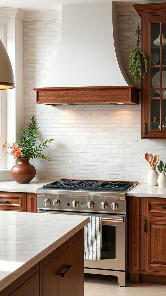 A modern kitchen featuring a travertine stone backsplash with wooden cabinets and a stylish range hood.