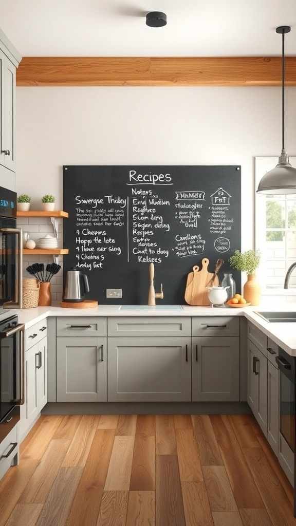 A modern farmhouse kitchen featuring a chalkboard wall for notes and recipes, with gray cabinets and warm wood flooring.