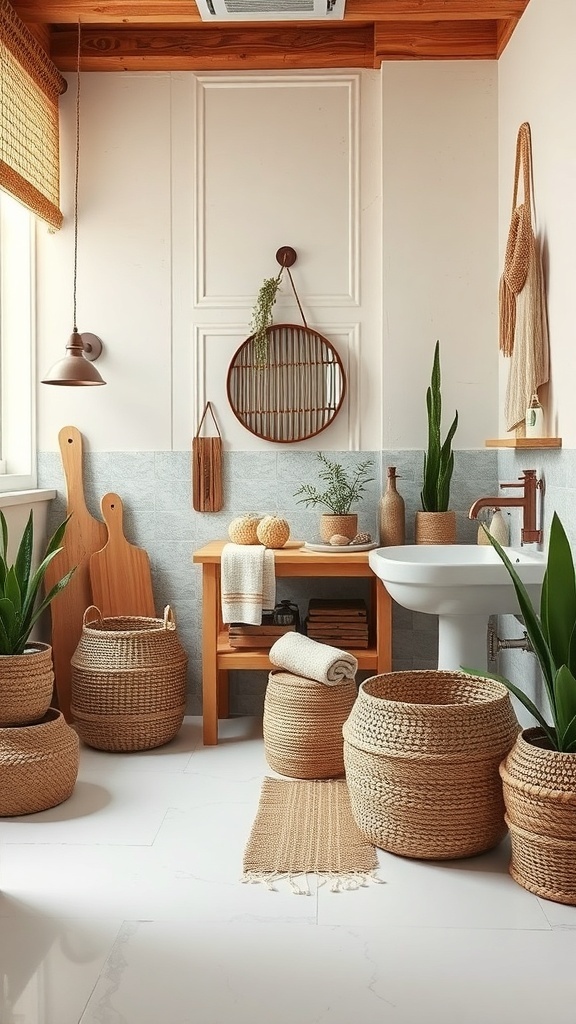 A bohemian bathroom featuring earthy tones, woven baskets, plants, and wooden accents.