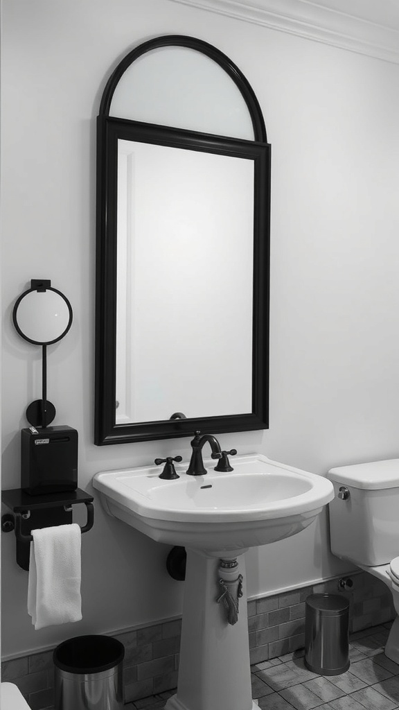 A black framed mirror above a white sink in a stylish bathroom
