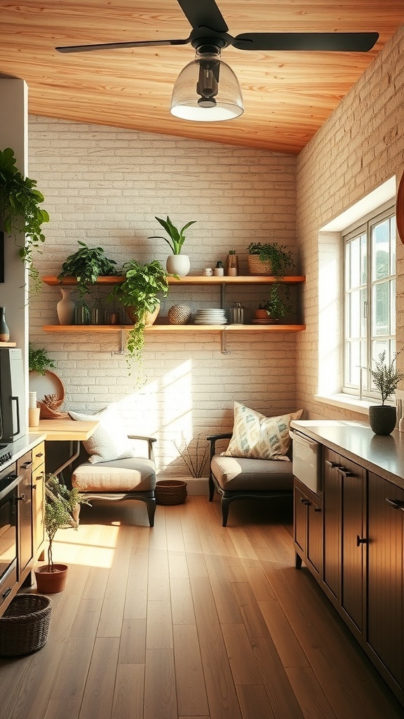 Cozy breakfast nook in a boho kitchen with wooden ceiling, plants, and comfortable seating.