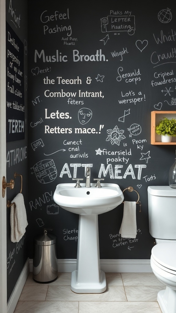 A bathroom with a chalkboard wall filled with notes and doodles, featuring a sink and toilet.
