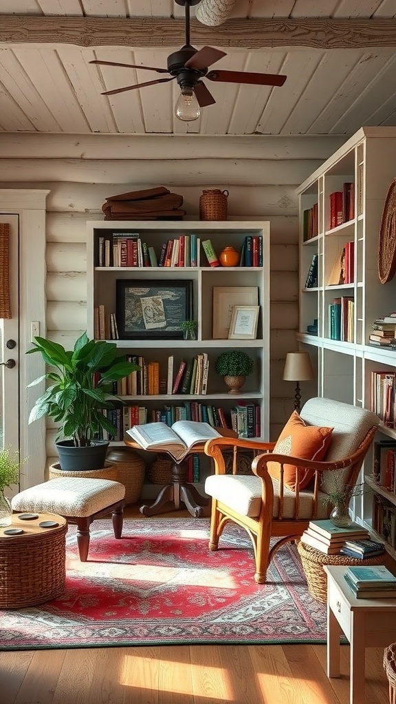 Cozy reading nook with a comfortable chair, bookshelves, and natural light.
