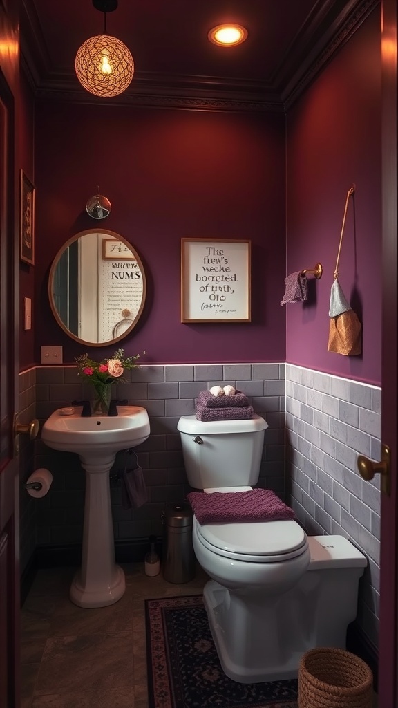 Cozy bathroom with moody plum walls, gray tiles, and elegant decor.