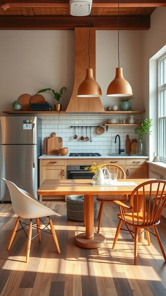 A modern kitchen with a mix of furniture styles, featuring a wooden table and various chairs, complemented by warm lighting.