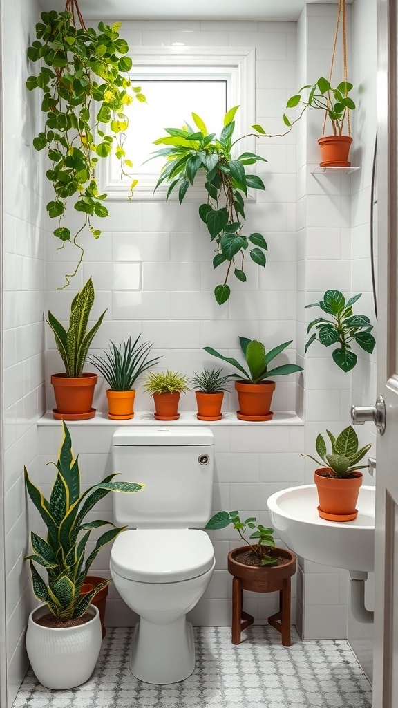 A small bathroom filled with various green plants in pots, creating a fresh and lively atmosphere.