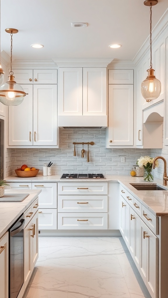 A kitchen featuring white shaker cabinets with gold hardware and a modern design.