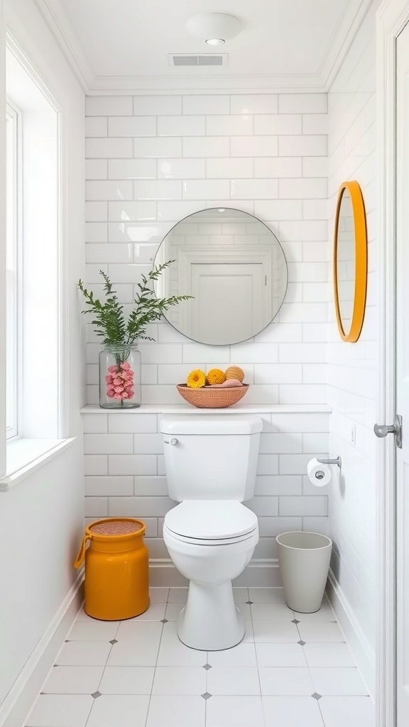 A bright bathroom featuring white tiles, colorful accents, and plants.