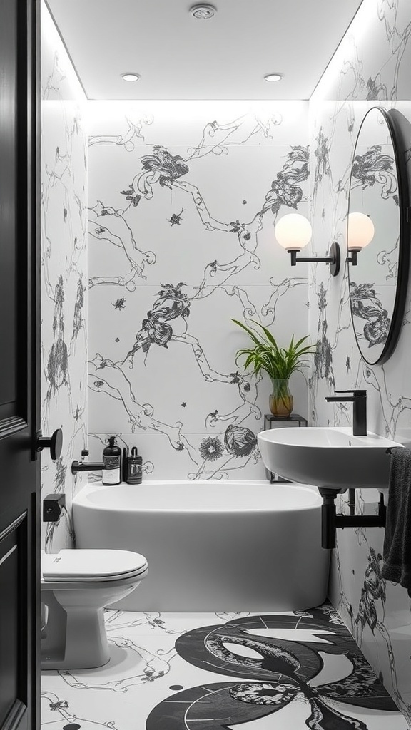 A modern black and white bathroom featuring decorative wall panels with intricate designs, a round mirror, and a plant.