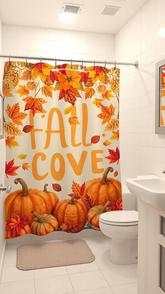 A fall-themed shower curtain featuring pumpkins and autumn leaves with the text 'FALL COVE'.