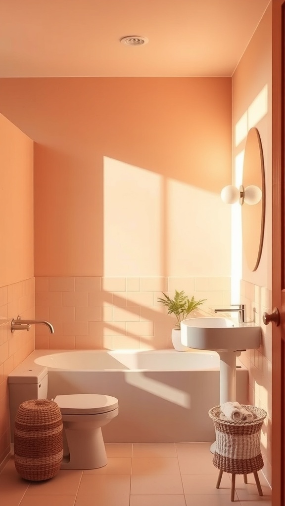 A bathroom with peach walls, natural light, a bathtub, and minimalist decor.