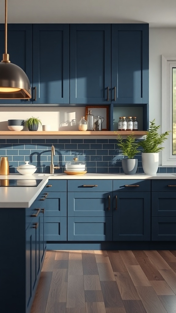 Stylish navy blue kitchen cabinets with light countertop and wooden flooring