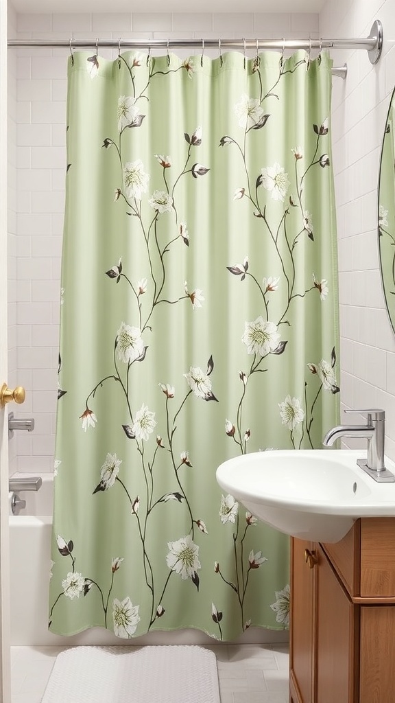 Sage green shower curtain with floral design in a bathroom setting