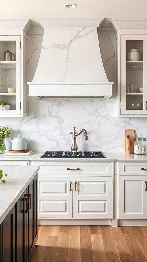 A stylish kitchen featuring a marble slab backsplash with white cabinetry and wooden flooring.