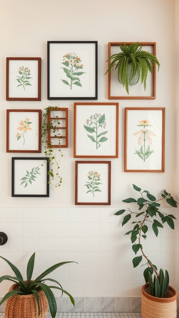 A wall decorated with framed botanical prints and hanging plants in a bathroom setting.