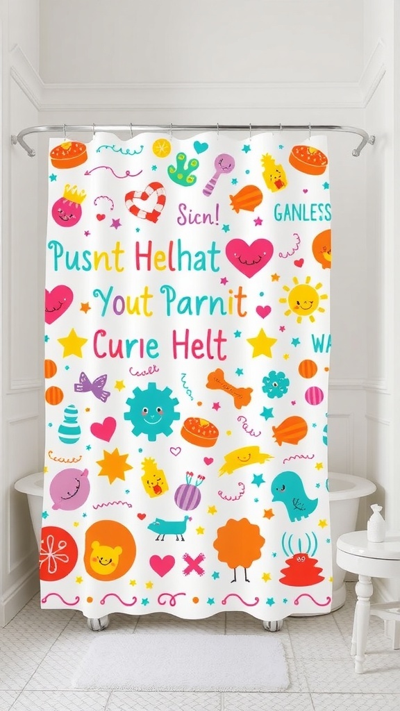 A colorful shower curtain with playful designs including smiling suns, candies, and quirky characters.