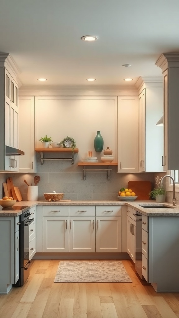 A modern farmhouse kitchen with recessed lighting and warm tones.