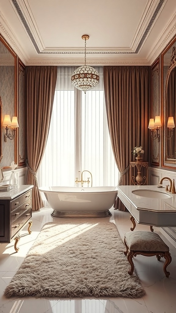 Luxurious bathroom with plush rug, elegant curtains, and stylish fixtures.