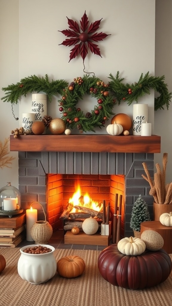 A beautifully decorated mid-century modern fireplace with seasonal decor, featuring a garland, wreath, candles, and pumpkins.