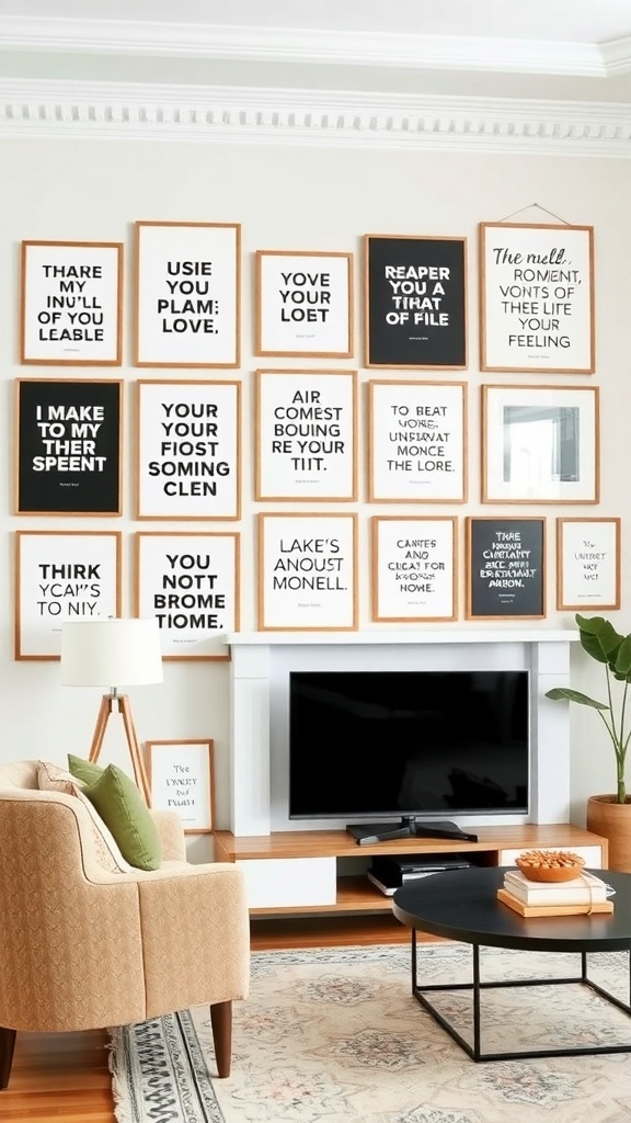 Gallery wall featuring bold typography prints in various frames