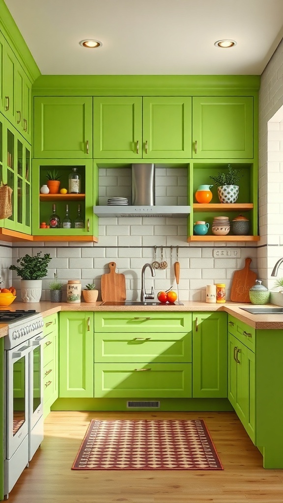 A bright green kitchen with modern cabinets, wood accents, and a cheerful vibe.