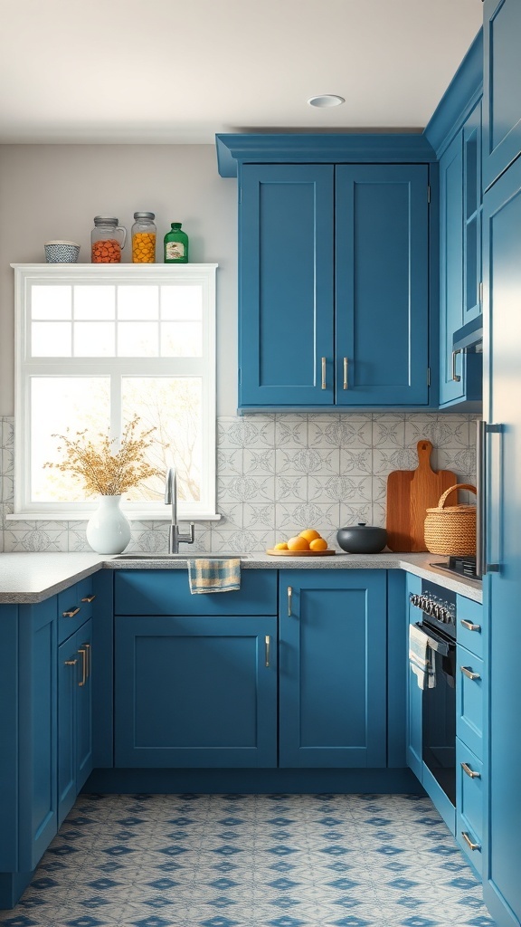 A modern kitchen featuring bold blue cabinets and patterned tiles.