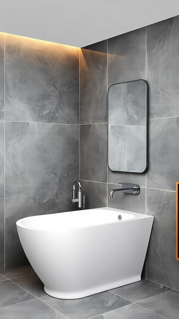 A modern bathroom featuring a sleek white bathtub, gray tiles, and stylish fixtures.