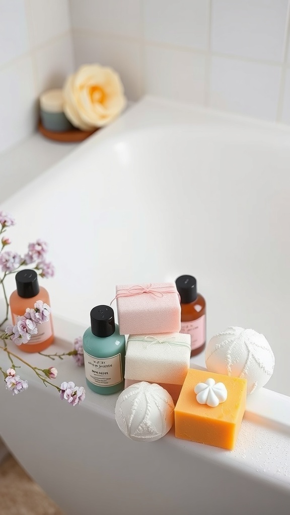 A display of colorful scented soaps and bath bombs on the edge of a bathtub, with flowers in the background.