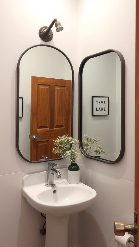 Two industrial-style mirrors with rounded edges above a sink in a bathroom.