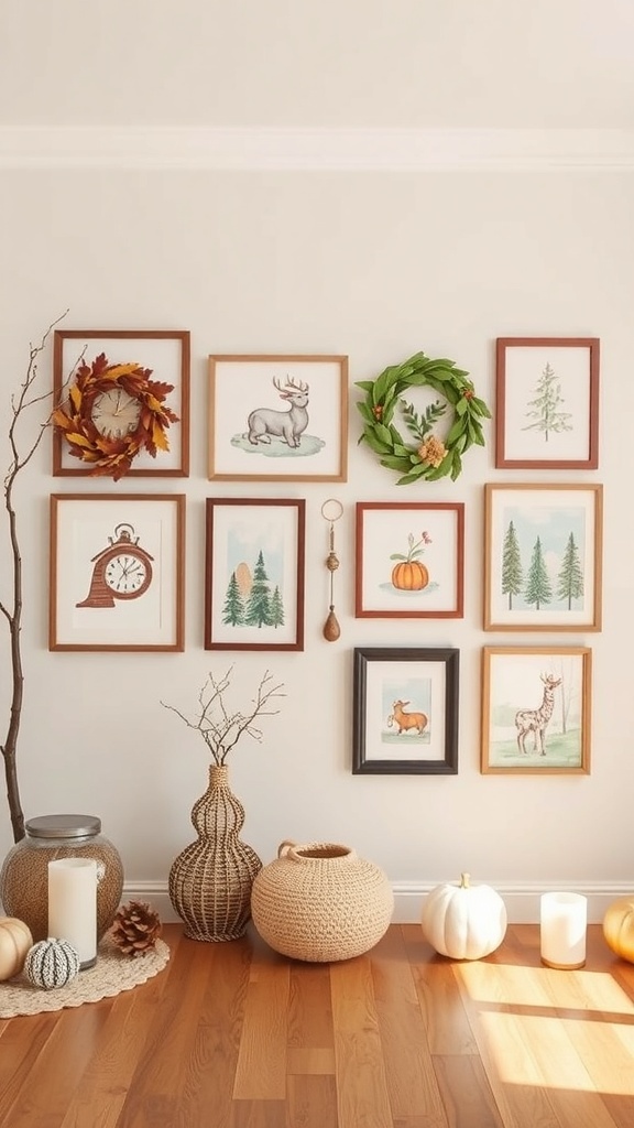Gallery wall with seasonal decor featuring framed illustrations of autumn and winter themes.