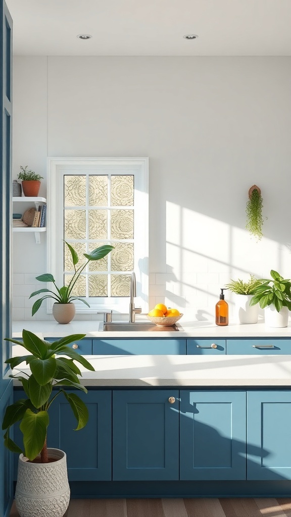 A modern kitchen featuring light blue cabinets, plants, and a bright atmosphere.
