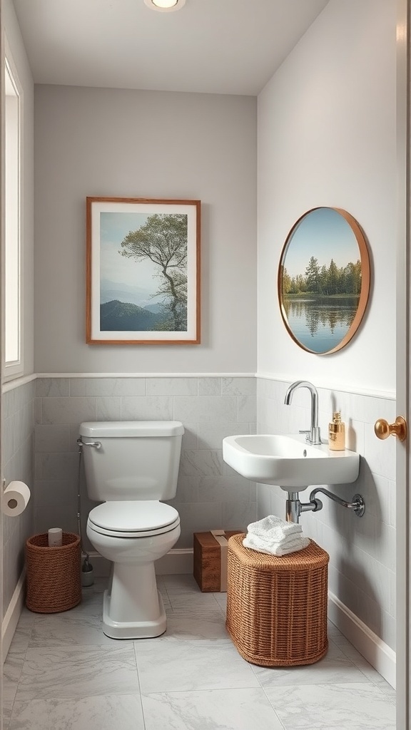 Bathroom with nature-inspired artwork featuring a tree and a lakeside scene.