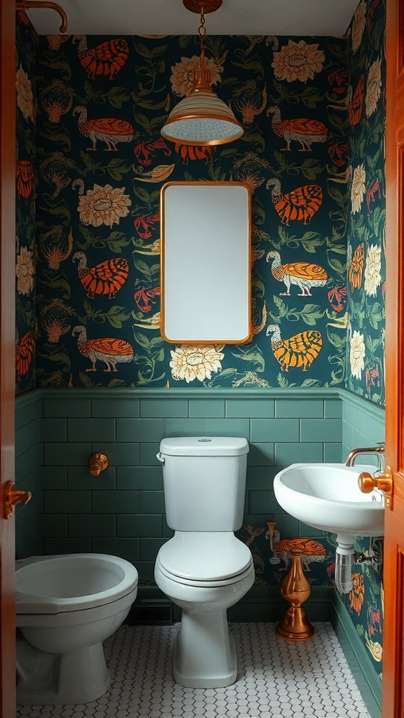 A men's bathroom with bold floral and animal patterned wallpaper, featuring a green tiled lower wall, white fixtures, and gold accents.
