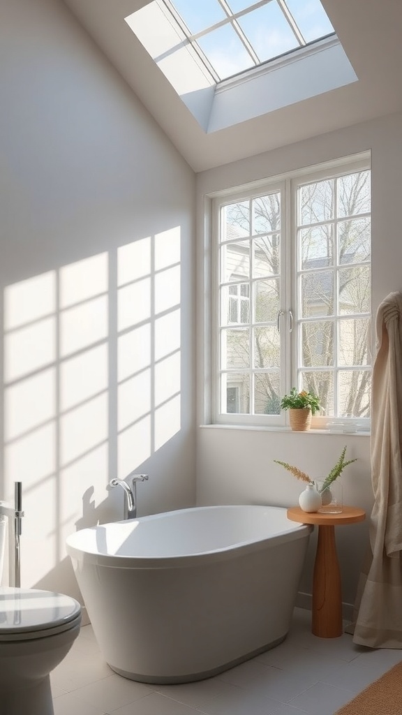 A bright bathroom with a skylight and large window, featuring a bathtub, a wooden table, and a plant.
