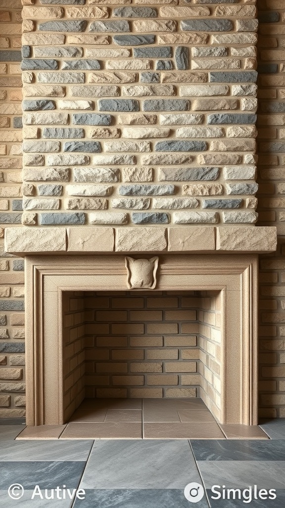 A stone brick fireplace with a mix of light and dark stones, featuring a classic design and a cozy ambiance.