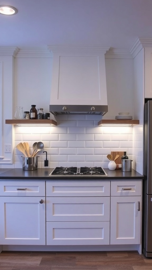A modern kitchen with a white shiplap backsplash and integrated lighting under the cabinets.