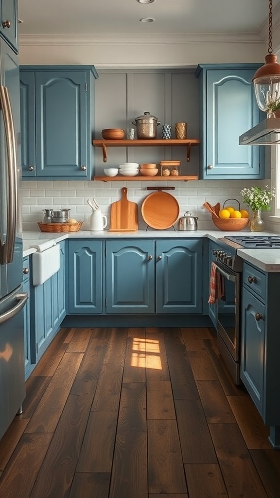 A vintage blue shaker style kitchen featuring light blue cabinets, wooden floors, and a white subway tile backsplash.