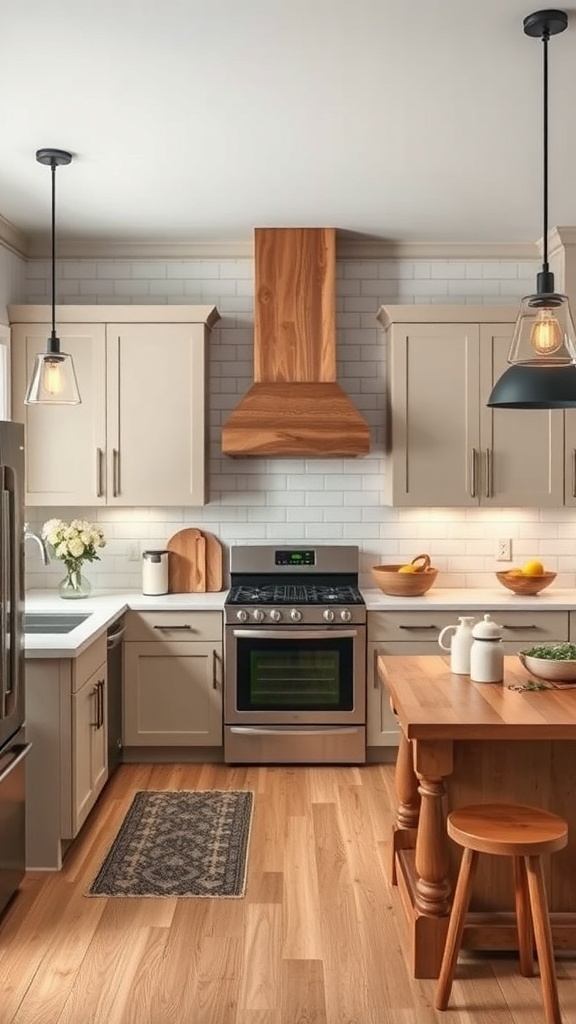 A modern farmhouse kitchen featuring a wooden range hood, light cabinets, and a wooden island.
